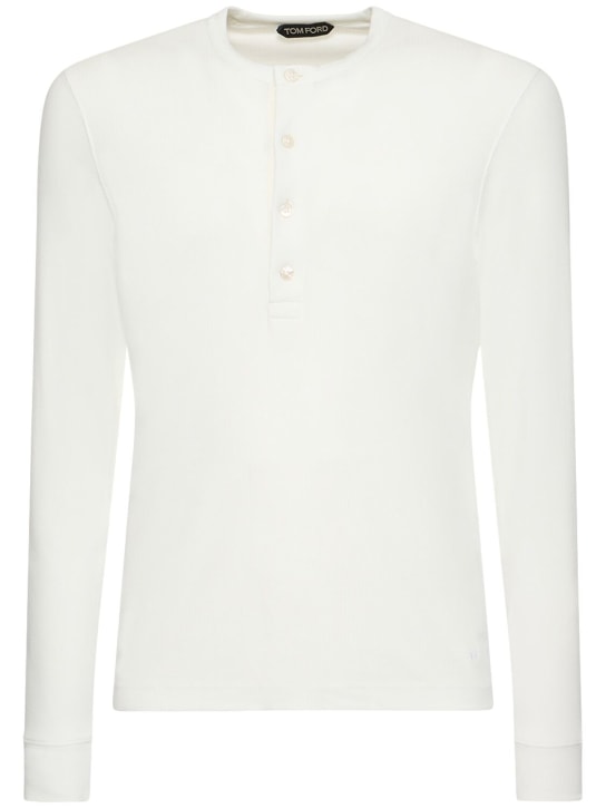 Tom Ford: Henley莱赛尔纤维混纺罗纹长袖T恤 - 白色 - men_0 | Luisa Via Roma