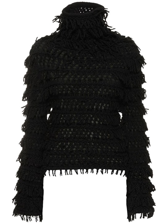 Blumarine: Pull-over à col roulé en maille de laine à franges - Noir - women_0 | Luisa Via Roma