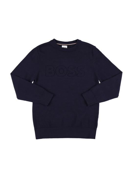 Boss: Embossed logo cotton knit sweater - Dunkelblau - kids-boys_0 | Luisa Via Roma