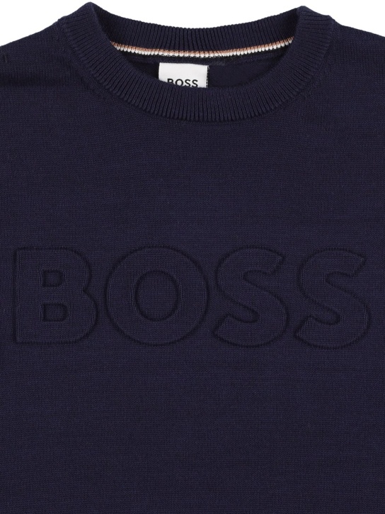 Boss: Embossed logo cotton knit sweater - Lacivert - kids-boys_1 | Luisa Via Roma