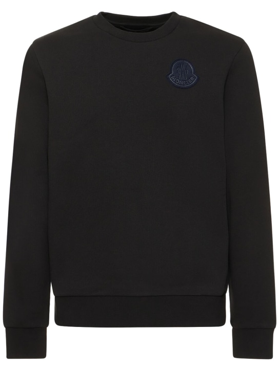 Moncler: Logo patch cotton sweatshirt - Siyah - men_0 | Luisa Via Roma