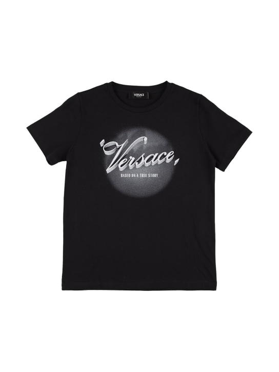 Versace: Logo印花棉质平纹针织T恤 - 黑色 - kids-boys_0 | Luisa Via Roma