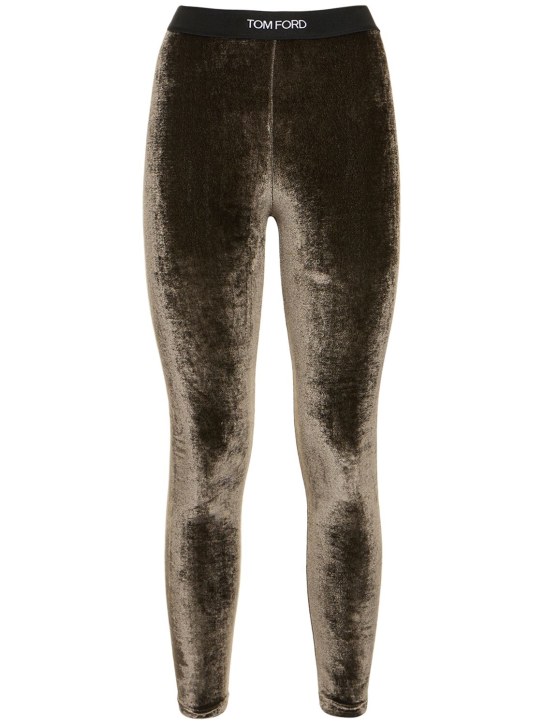 Tom Ford: Stretch velvet logo leggings - Dark Grey - women_0 | Luisa Via Roma