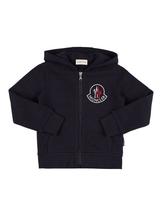 Moncler: Brushed cotton zip hoodie - Navy - kids-girls_0 | Luisa Via Roma