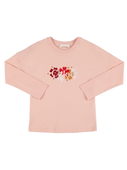 Chloé: Organic cotton jersey t-shirt w/logo - Pembe - kids-girls_0 | Luisa Via Roma