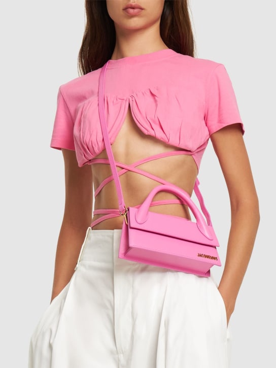 Jacquemus: Le Chiquito long leather top handle bag - Neon Pink - women_1 | Luisa Via Roma