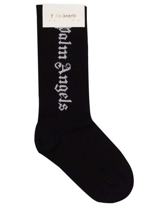 Palm Angels: Logo jacquard cotton knit high socks - Black - kids-girls_0 | Luisa Via Roma