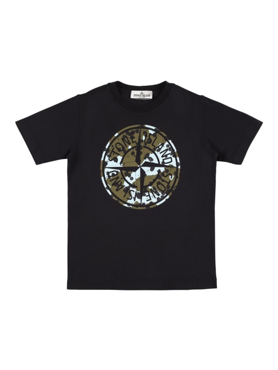 Stone Island: T-shirt in jersey di cotone con logo - Nero - kids-boys_0 | Luisa Via Roma
