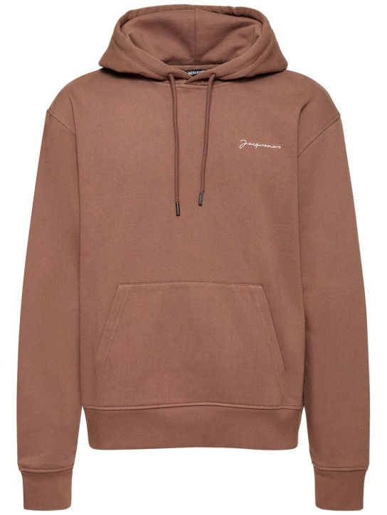 Jacquemus: Le Sweatshirt Brode cotton hoodie - Brown 1 - men_0 | Luisa Via Roma