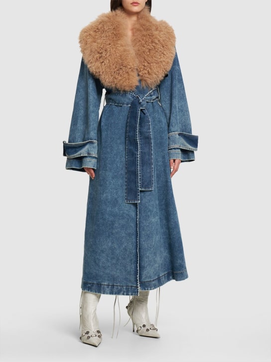 Blumarine: Shearling & denim long trench coat - Blue - women_1 | Luisa Via Roma