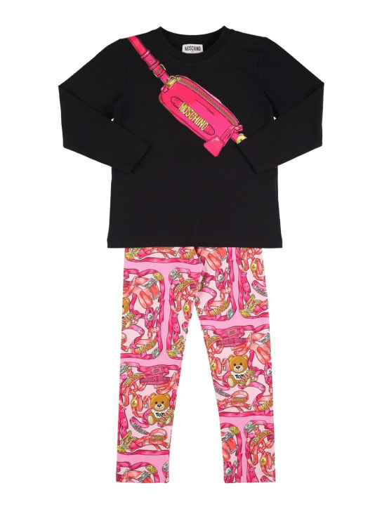 Moschino: Camiseta y leggings de jersey de algodón estampado - Negro/Rosa - kids-girls_0 | Luisa Via Roma