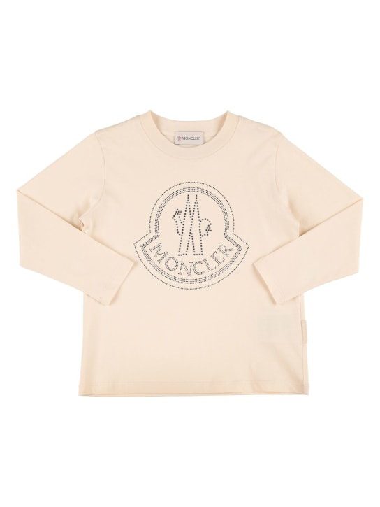 Moncler: Logo cotton jersey l/s t-shirt - Krem - kids-girls_0 | Luisa Via Roma