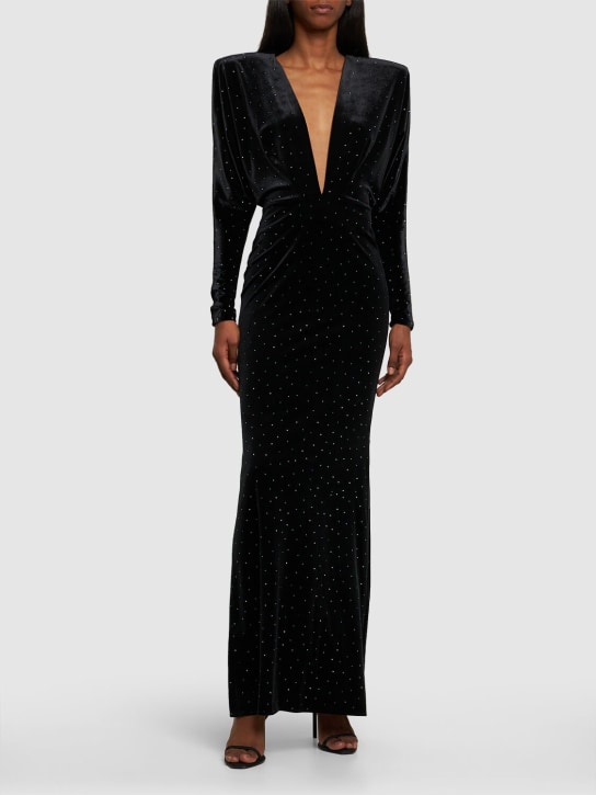 Alexandre Vauthier: Glittered velvet long dress - Siyah - women_1 | Luisa Via Roma