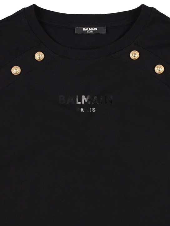 Balmain: Logo有机棉平纹针织T恤 - 黑色 - kids-girls_1 | Luisa Via Roma