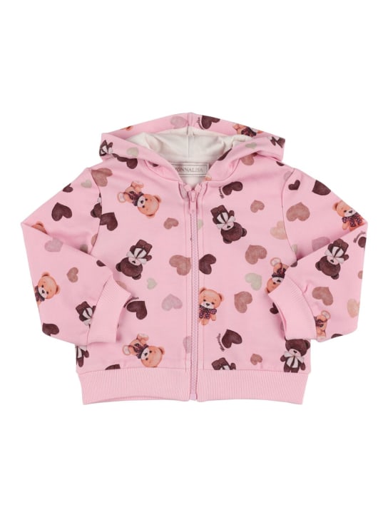 Monnalisa: Bear print cotton hoodie - Pembe - kids-girls_0 | Luisa Via Roma