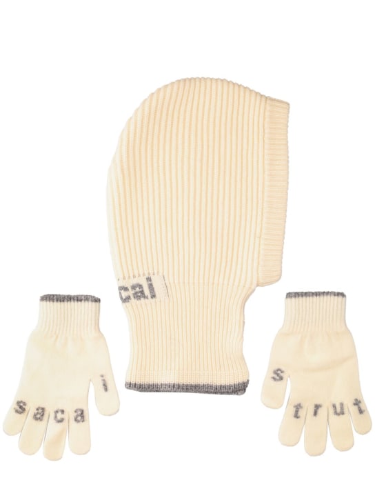 Sacai: Set de pasamontañas y guantes de punto de lana - Blanco Opaco - men_0 | Luisa Via Roma