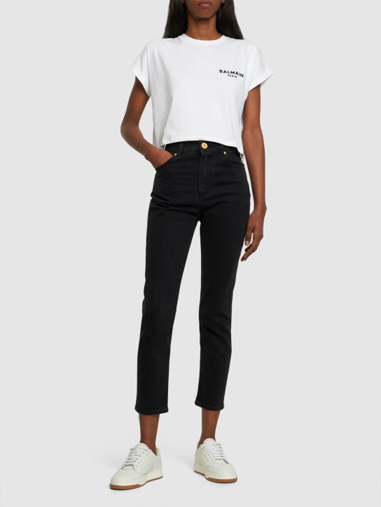 Balmain: High rise stretch denim skinny jeans - Black - women_1 | Luisa Via Roma
