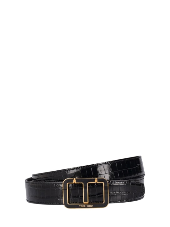 Tom Ford: Logo buckle croc embossed leather belt - men_0 | Luisa Via Roma