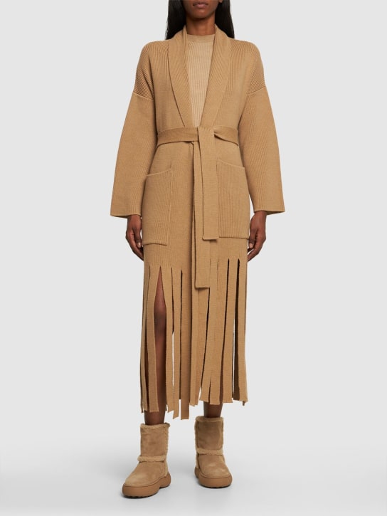 Alanui: Manteau long en maille côtelée de laine à franges - Marron - women_1 | Luisa Via Roma