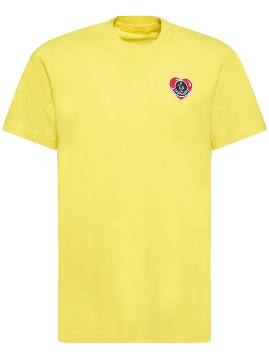 Moncler: T-shirt en jersey de coton avec patch logo - Jaune - men_0 | Luisa Via Roma