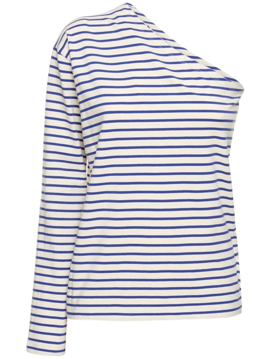 The Frankie Shop: Jean cotton one-shoulder top - White/Blue - women_0 | Luisa Via Roma
