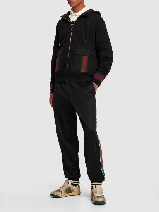 Gucci: Felpa in cotone con zip e dettagli Web - Nero/Multicolor - men_1 | Luisa Via Roma