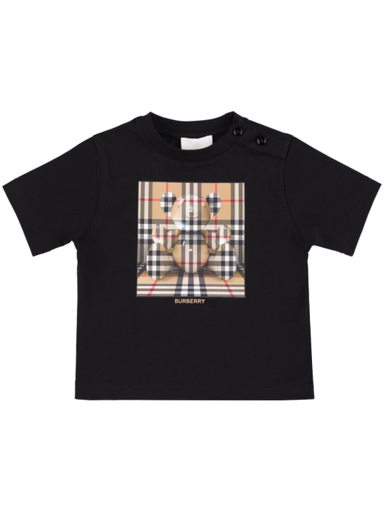 Burberry: T-shirt en jersey de coton imprimé carreaux - Noir - kids-girls_0 | Luisa Via Roma