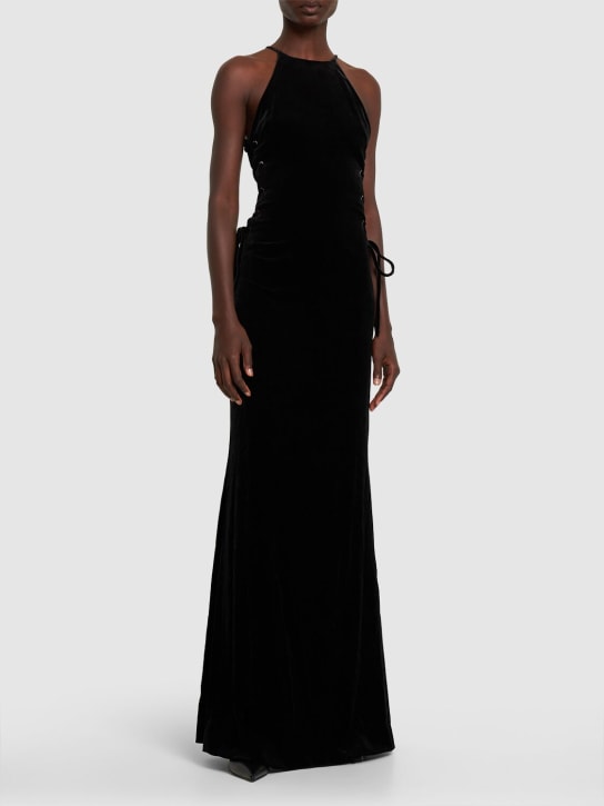 Alessandra Rich: Velvet long dress w/ side lace-up - Black - women_1 | Luisa Via Roma
