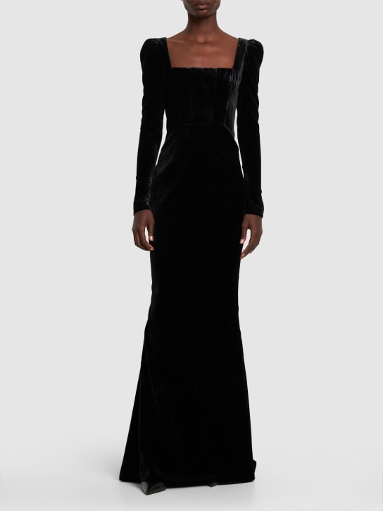 Alessandra Rich: Square neck velvet long evening dress - Black - women_1 | Luisa Via Roma