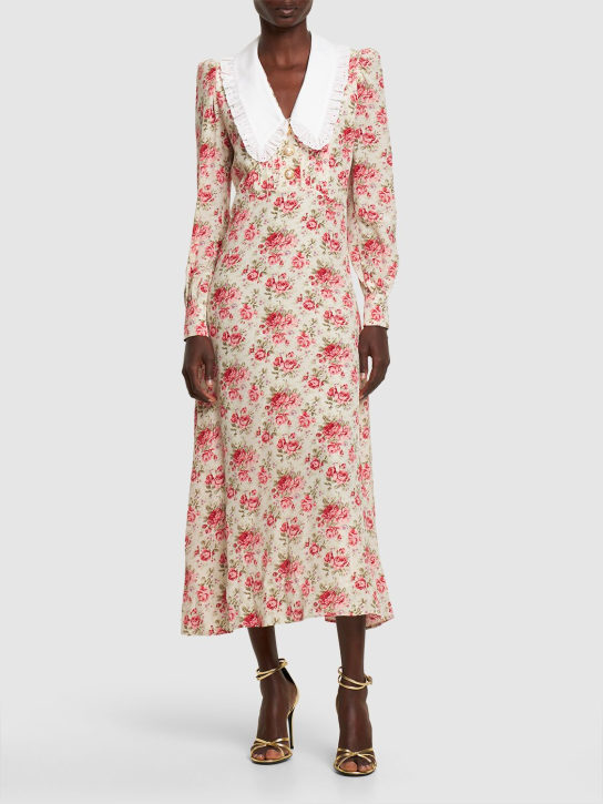 Alessandra Rich: Printed silk twill midi dress w/ collar - Renkli - women_1 | Luisa Via Roma