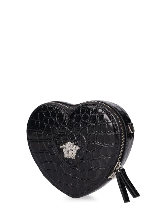 Versace: Heart croc embossed leather shoulder bag - Siyah - kids-girls_1 | Luisa Via Roma