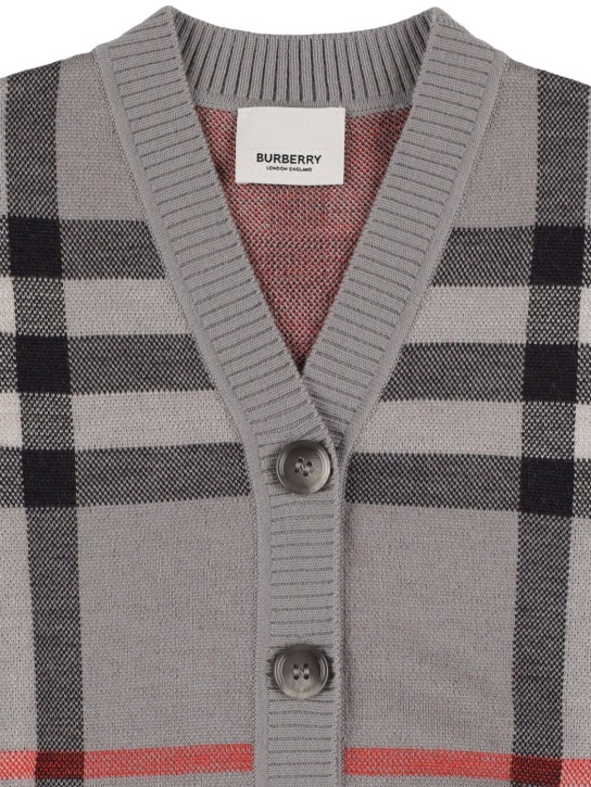 Burberry: Check intarsia wool blend knit cardigan - Grey - kids-boys_1 | Luisa Via Roma