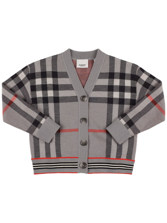 Burberry: Check intarsia wool blend knit cardigan - Grey - kids-girls_0 | Luisa Via Roma
