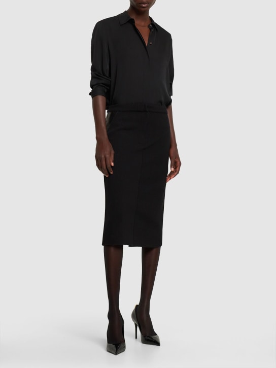 Tom Ford: Wool crepe & leather midi skirt - Black - women_1 | Luisa Via Roma