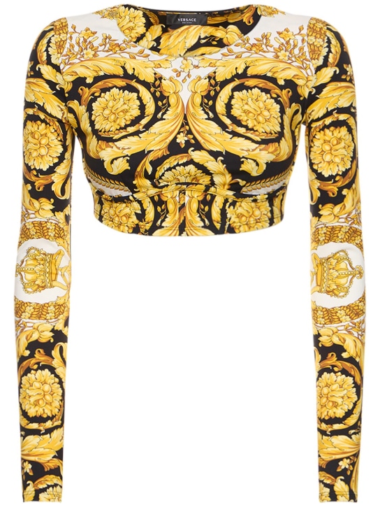 Versace: Crop top en jersey imprimé Barocco - Noir/Or - women_0 | Luisa Via Roma