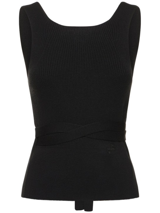 Patou: Ribbed knit sleeveless wrap top w/ laces - Siyah - women_0 | Luisa Via Roma