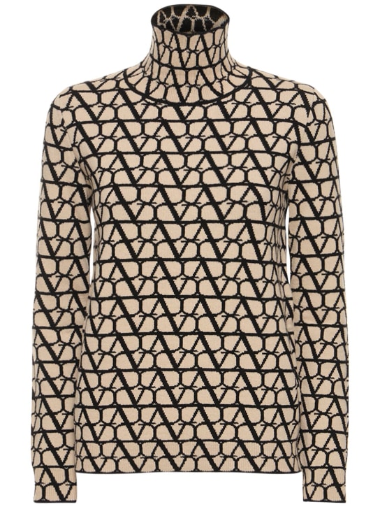 Valentino: Suéter de lana jacquard con cuello alto - Beige/Negro - women_0 | Luisa Via Roma