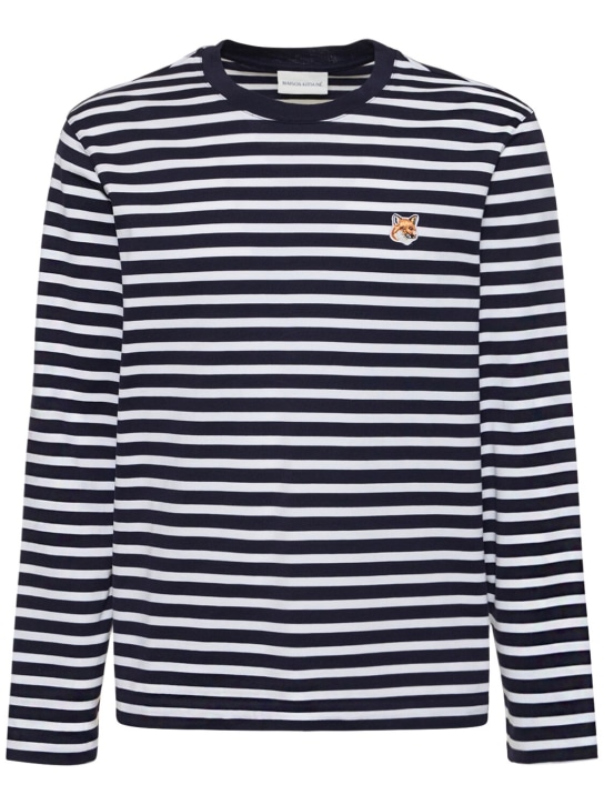 Maison Kitsuné: Fox head patch striped t-shirt - Navy Stripes - men_0 | Luisa Via Roma