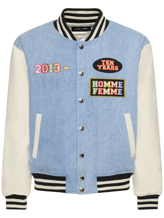 Denim varsity jacket store mens