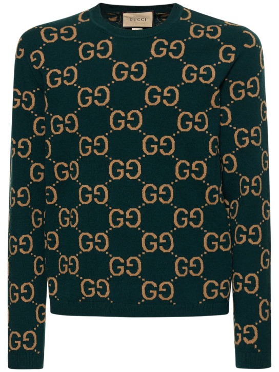 Gucci: Maglia girocollo in lana GG - Verde/Cammello - men_0 | Luisa Via Roma