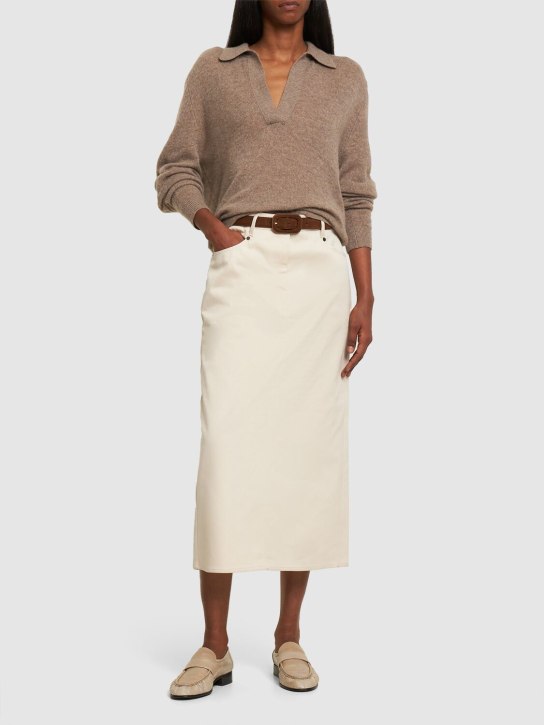 Brunello Cucinelli: High rise cotton denim midi skirt - Ivory - women_1 | Luisa Via Roma
