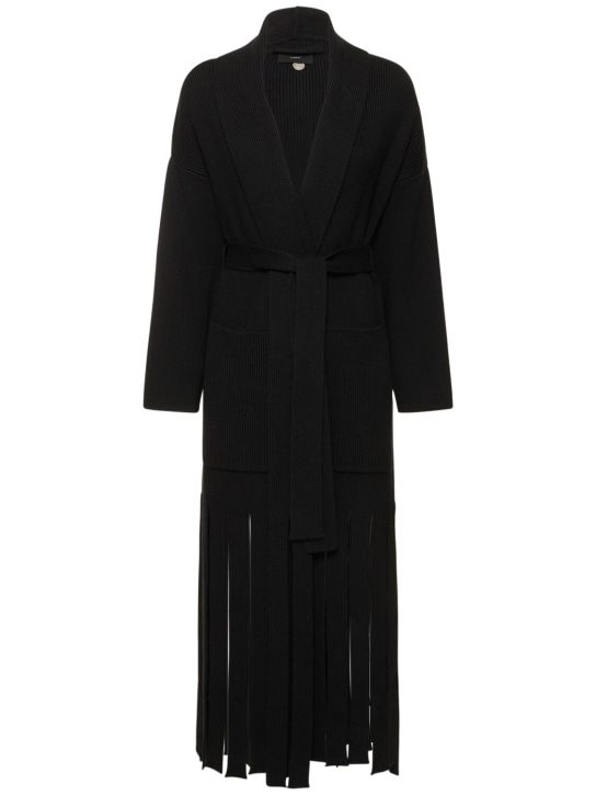 Alanui: Manteau long en maille côtelée de laine à franges - Noir - women_0 | Luisa Via Roma