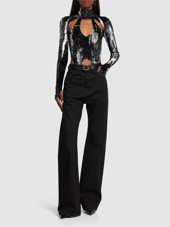 Alessandro Vigilante: Printed velvet top w/ suspenders - Siyah - women_1 | Luisa Via Roma