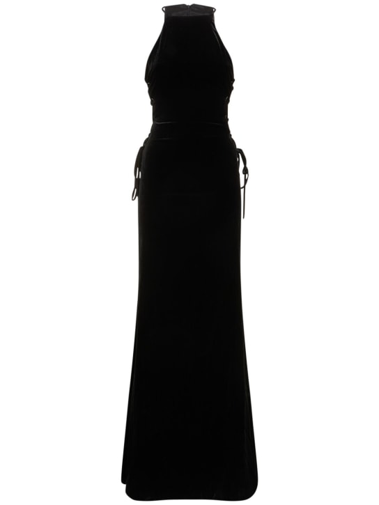 Alessandra Rich: Velvet long dress w/ side lace-up - Siyah - women_0 | Luisa Via Roma