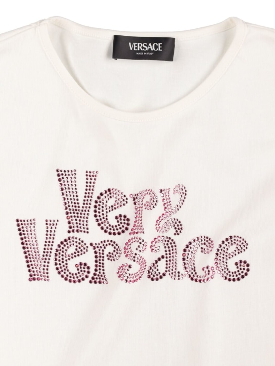 Versace: 로고 프린트 코튼 저지 보우 티셔츠 - 화이트 - kids-girls_1 | Luisa Via Roma