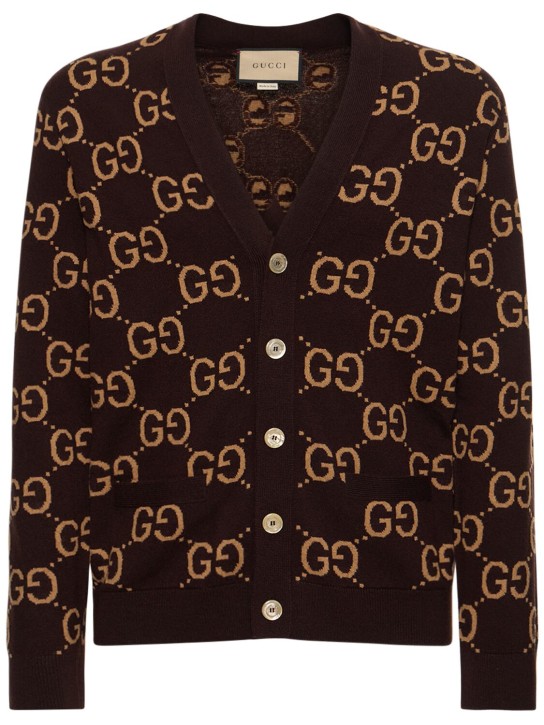 Gucci: Cardigan en maille de laine GG - Bordeaux/Camel - men_0 | Luisa Via Roma