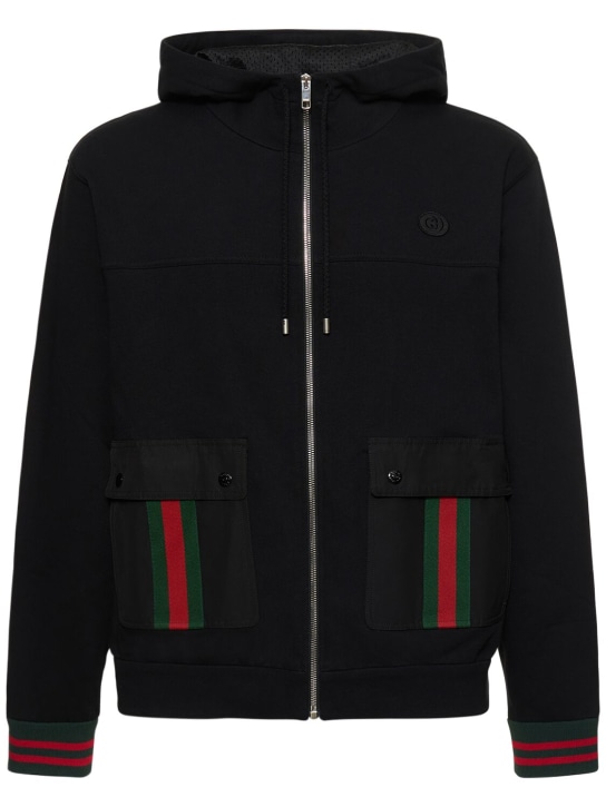 Gucci: Zip-up cotton sweatshirt w/ Web details - Black/Multi - men_0 | Luisa Via Roma