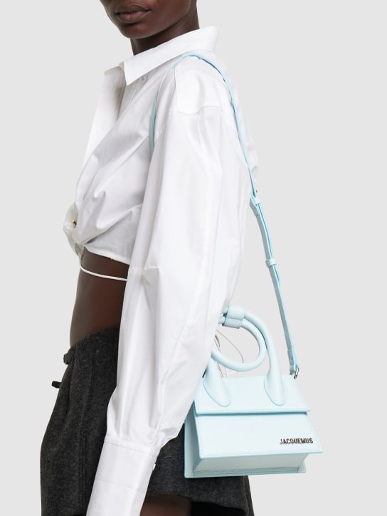 Jacquemus: Le Chiquito Noeud leather top handle bag - Light Blue - women_1 | Luisa Via Roma