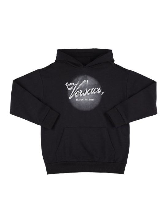 Versace: Printed logo cotton hoodie - Black - kids-boys_0 | Luisa Via Roma