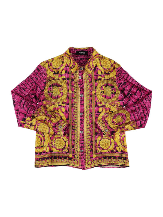 Versace: Camisa de sarga de seda con estampado barroco - Multicolor - kids-boys_0 | Luisa Via Roma